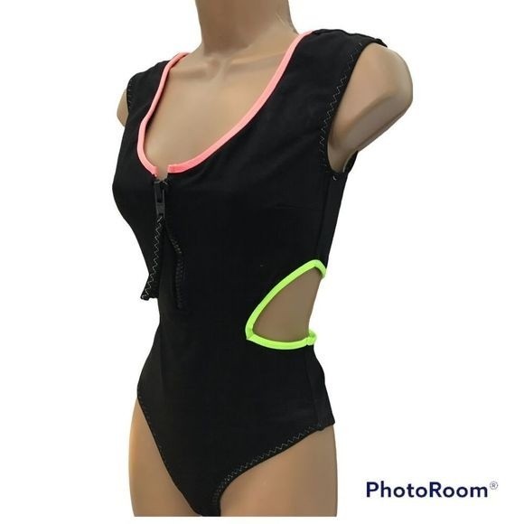 Zara Women’s Black Cut Out Piping Neón Trim Zip Front Cheeky Swimsuit Sz S NWT - Picture 4 of 14